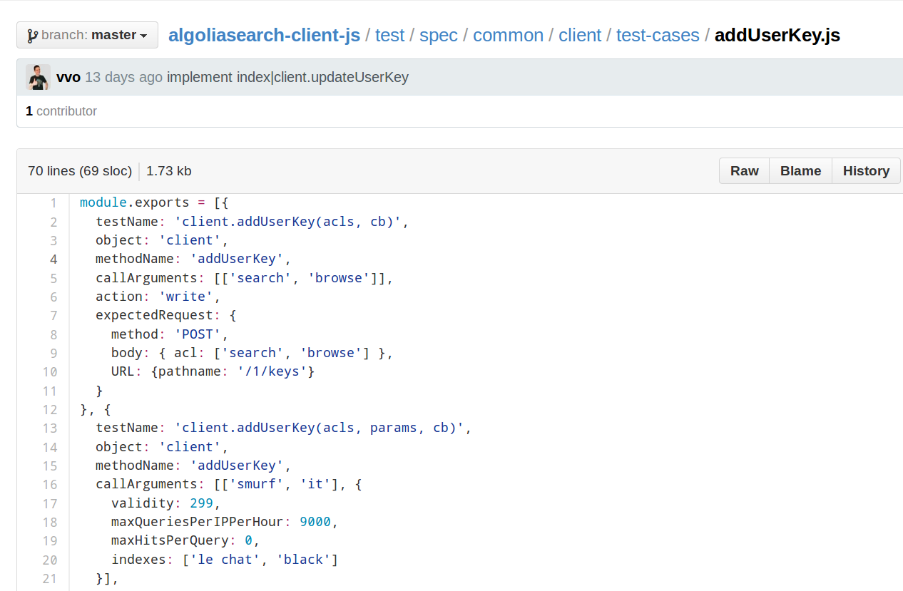 It's a simple
JavaScript file, exporting test cases as an
array