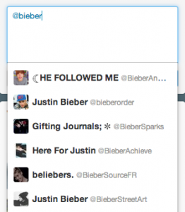 Search for Twitter handles that could be Justin Bieber's yields less-than-
stellar results.