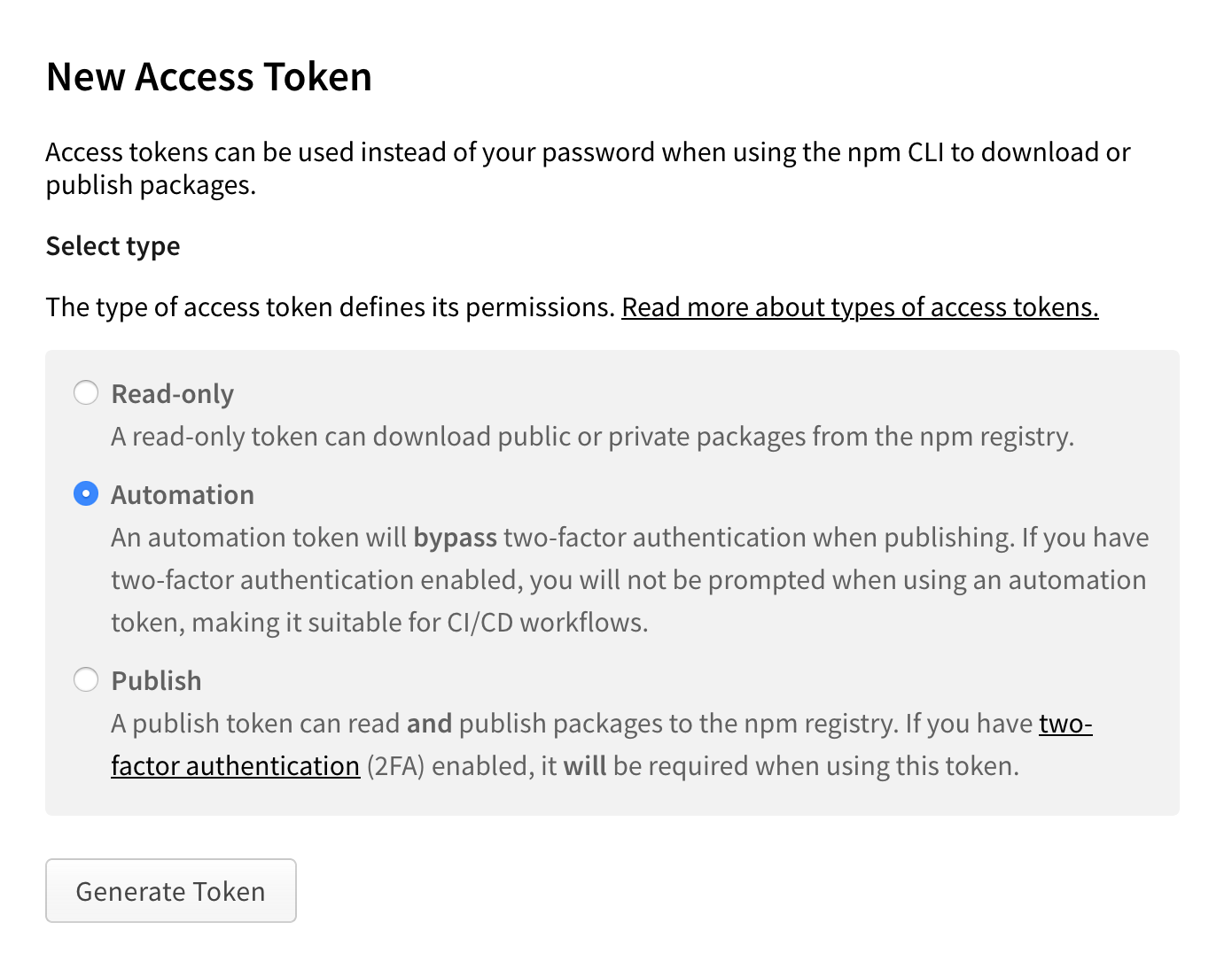 NPM automation token